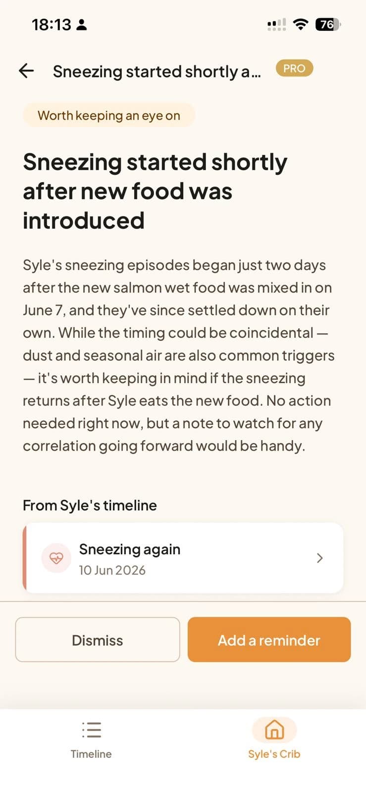 A Tamadoggo AI health-pattern insight for one pet, surfaced quietly from its weight and vet history