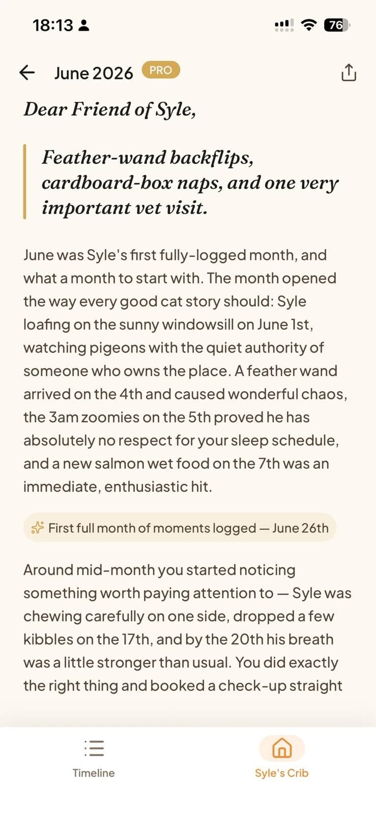 The Tamadoggo monthly letter — a short, warm note written in a pet's own voice, summing up the month from their diary