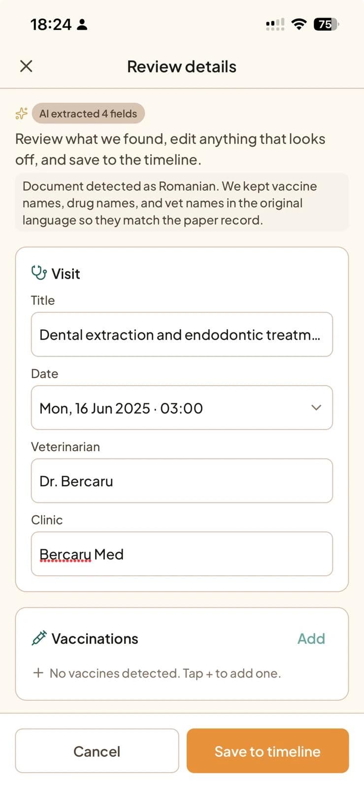 Tamadoggo's review screen showing the vaccinations, weight and visit details its AI pulled from a scanned cat vet record