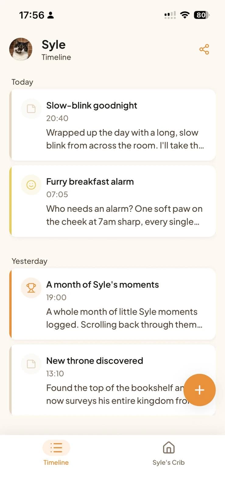 A single pet's timeline in Tamadoggo, with vet visits, weight check-ins and everyday moments in one chronological story
