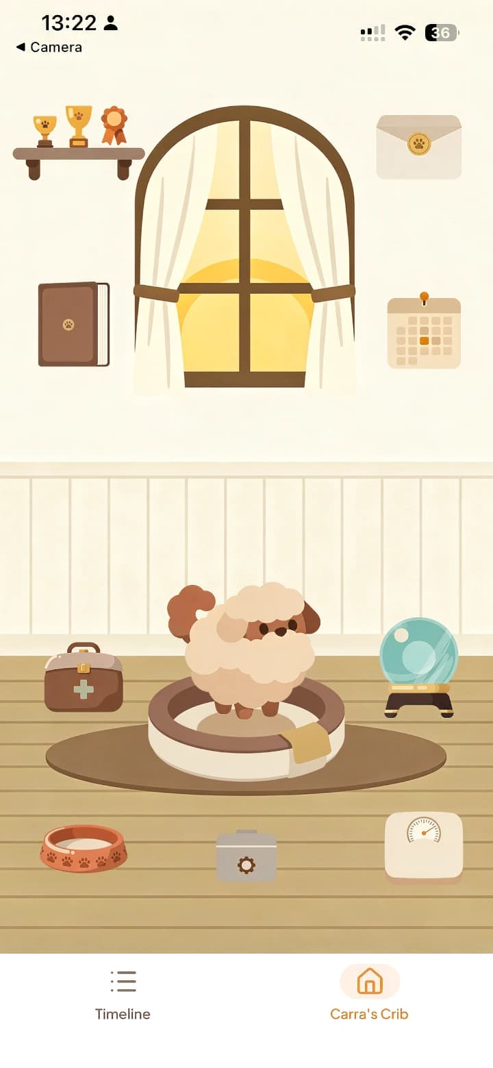 A pet's Crib home screen in Tamadoggo, with the pet resting in its bed — tapping the bed opens the Pet Switcher to change pets