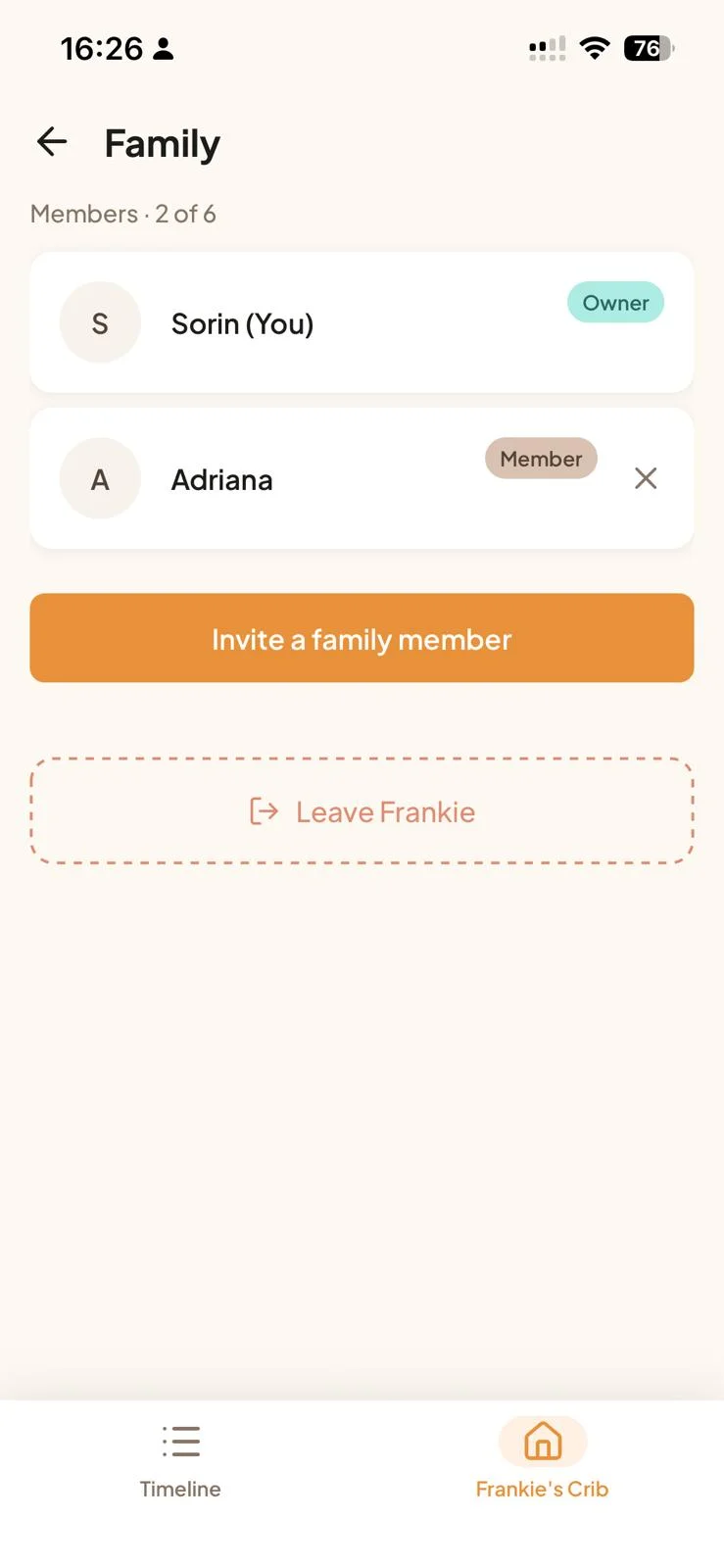 The Tamadoggo family hub for one pet — household members with Owner and Member roles (2 of 6) and a button to invite a family member