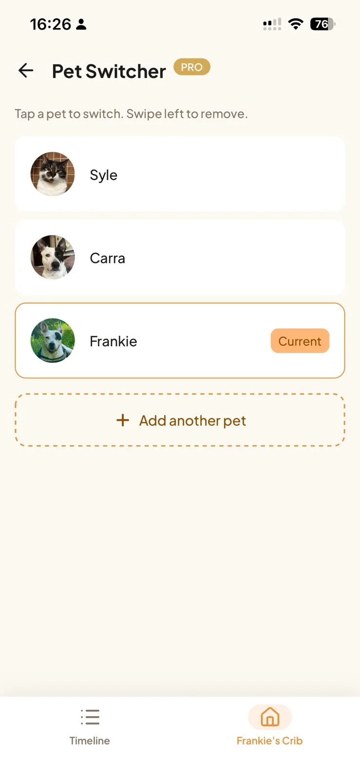 The Tamadoggo Pet Switcher listing every pet in one household — a cat and two dogs, each with its own avatar; tap one to switch the whole app to them