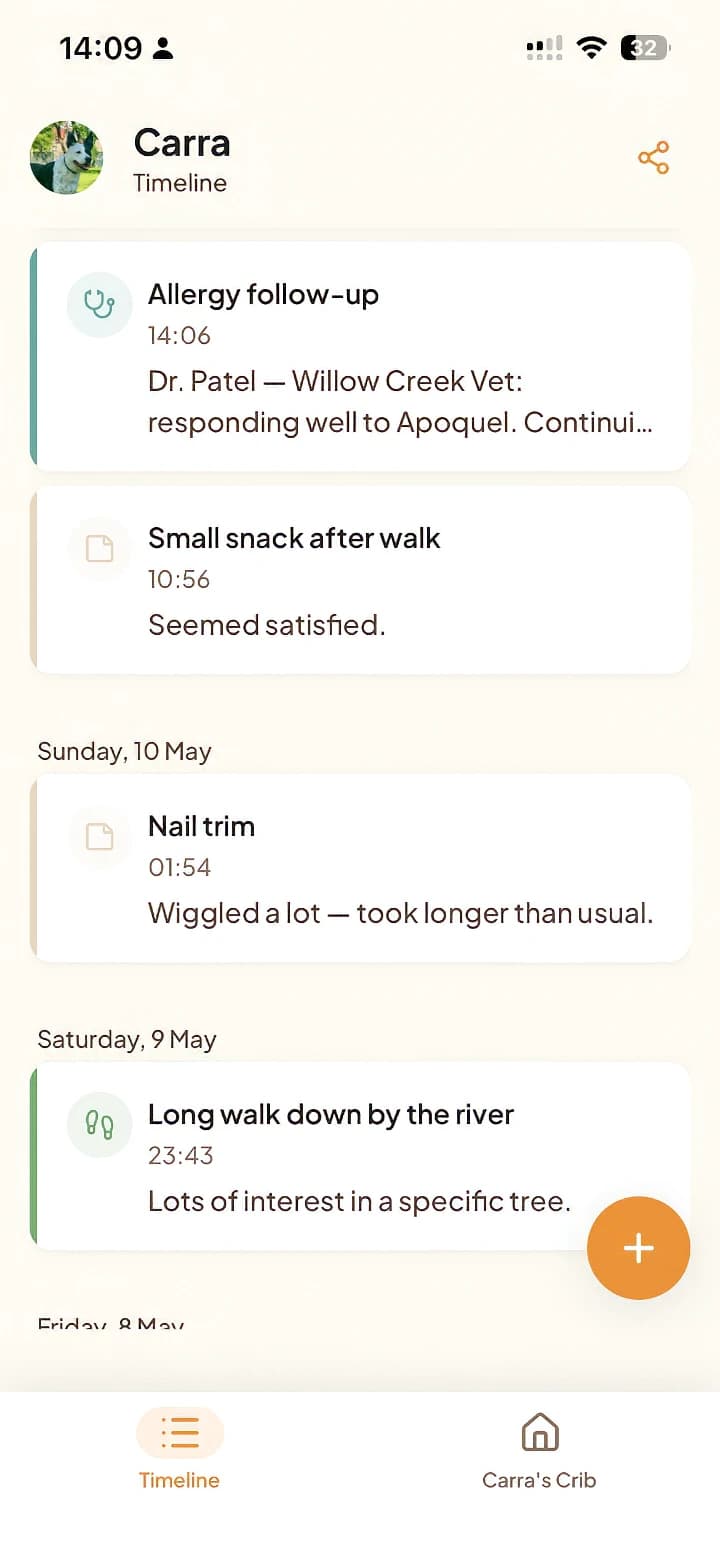 A dog's timeline in Tamadoggo — walks, meals, a vet visit, and everyday moments in one chronological journal