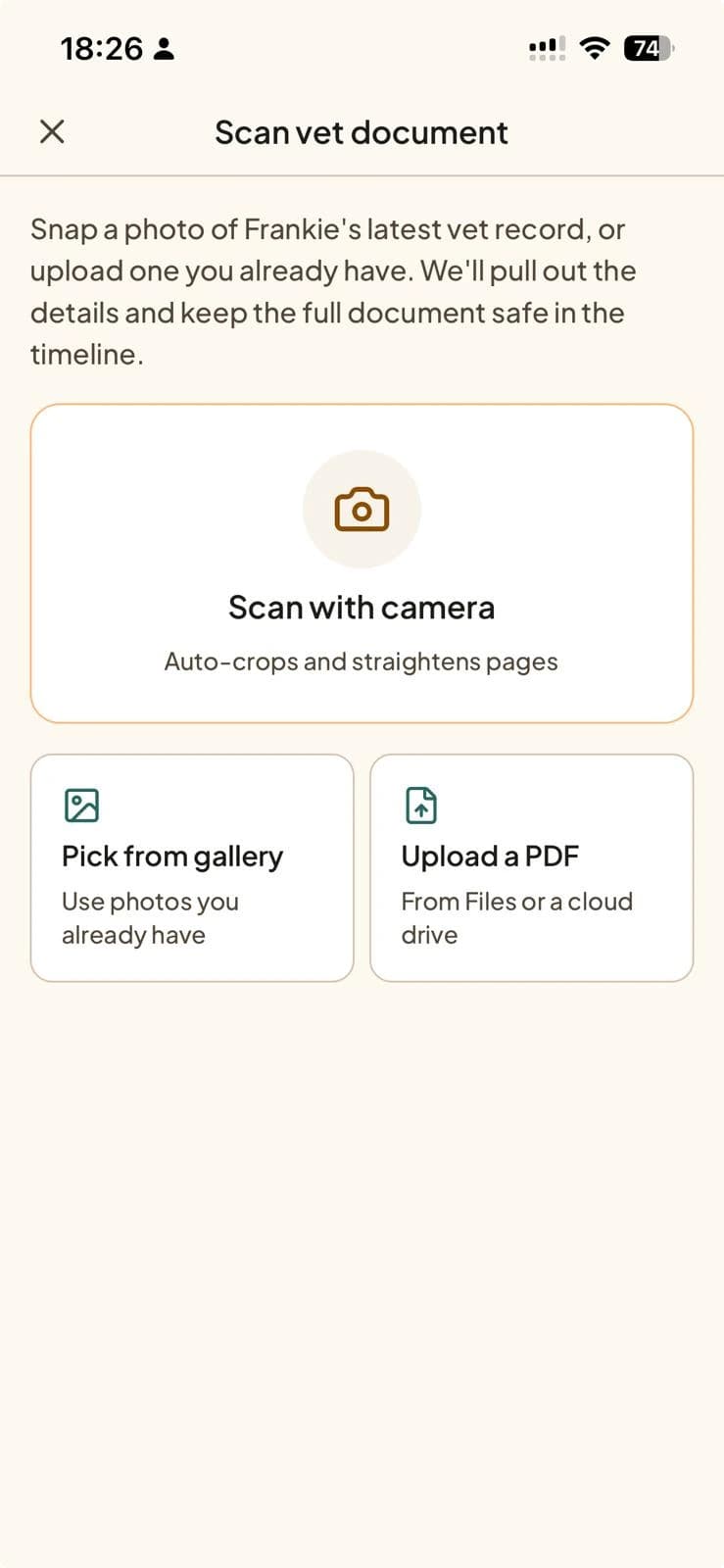The Tamadoggo capture screen with options to scan a vet document with the camera, pick from the gallery, or upload a PDF
