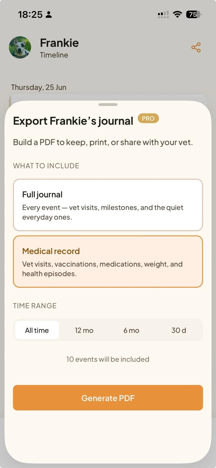 A scanned vet visit on the Tamadoggo timeline, tagged AI scanned and PDF, with the original document attached
