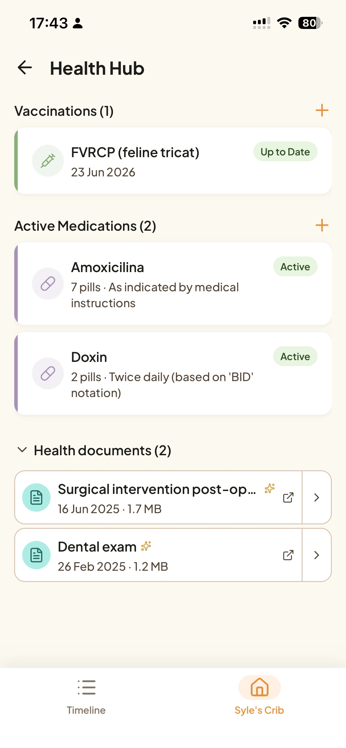 The Health documents list in Tamadoggo, gathering every scanned and uploaded vet PDF for one pet in one place