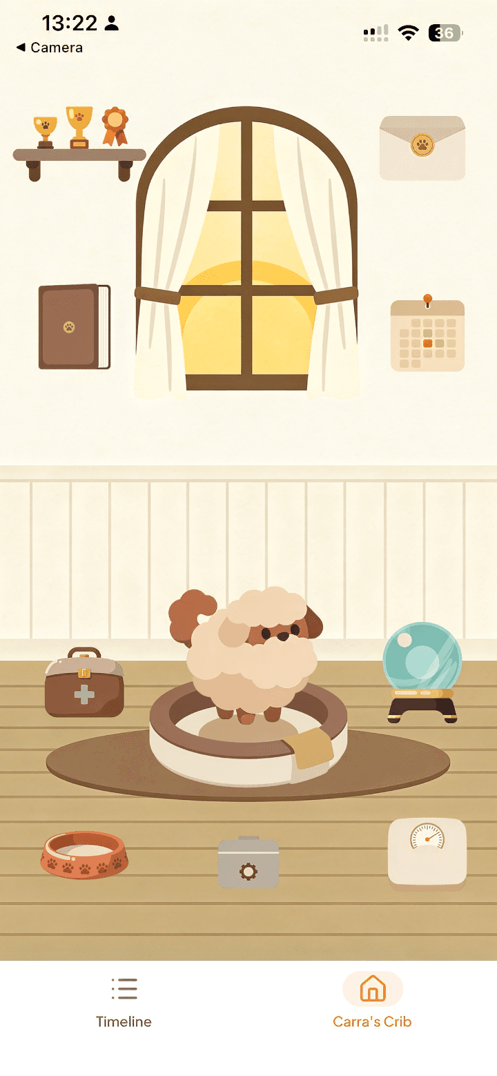 Tamadoggo pet journal — the Crib home screen with your pet's avatar in their room