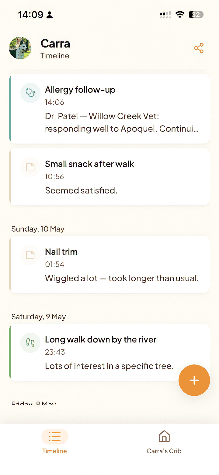 Tamadoggo pet journal timeline showing a dog's vet visits, walks and milestones