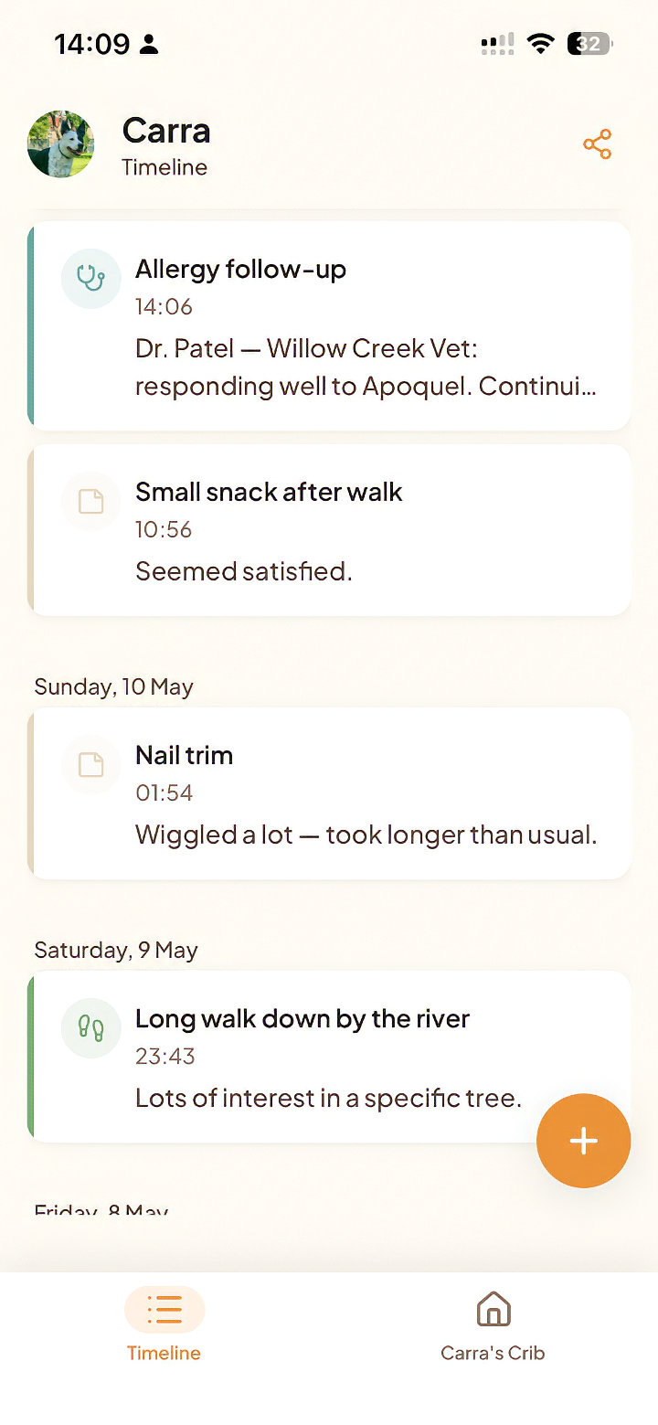 Tamadoggo Timeline screen